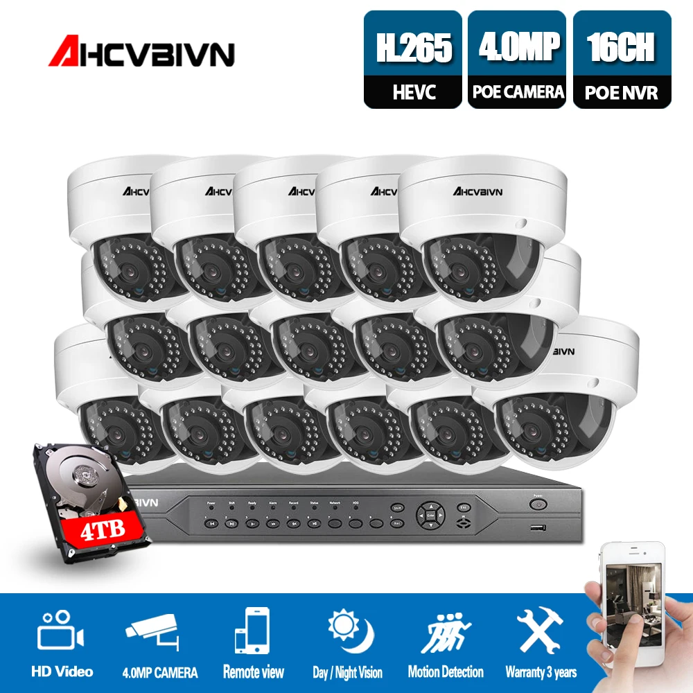 16 каналов 4 МП 5 Мп POE NVR система видеонаблюдения шт. ИК In/Outdoor купольная