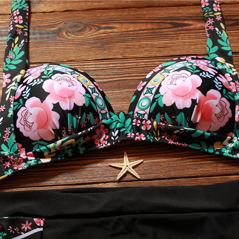Vintage Womens High Waist Bikinis Swimsuit 2018 Halter Backless Push Up Biquini Swimwear Female Print Hot Beach Bathing Suit |