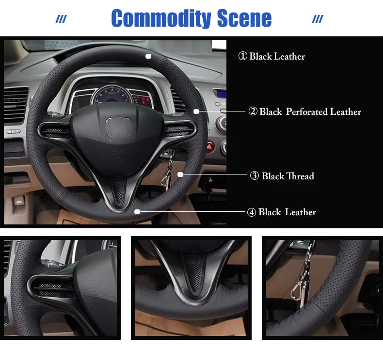 Черная крышка рулевого колеса из натуральной кожи для Honda Civic 8 2006-2009(3 спицы