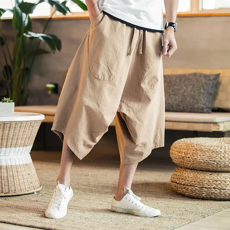 

TANG 2019 Men Pants Men's Wide Crotch Harem Pants Loose Large Cropped Trousers Wide-legged Bloomers Chinese Style Flaxen Baggy