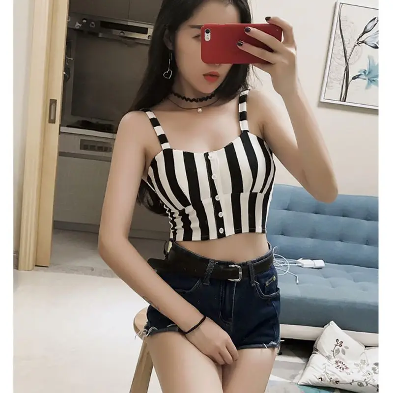 УКОРОЧЕННЫЙ ТОП Mujer Camisole на бретелях, летний бюстгальтер без косточек на пуговицах, модный сексуальный полосатый топ на бретельках, черный, белый, красный цвета, женская рубашка, одежда для фитнеса