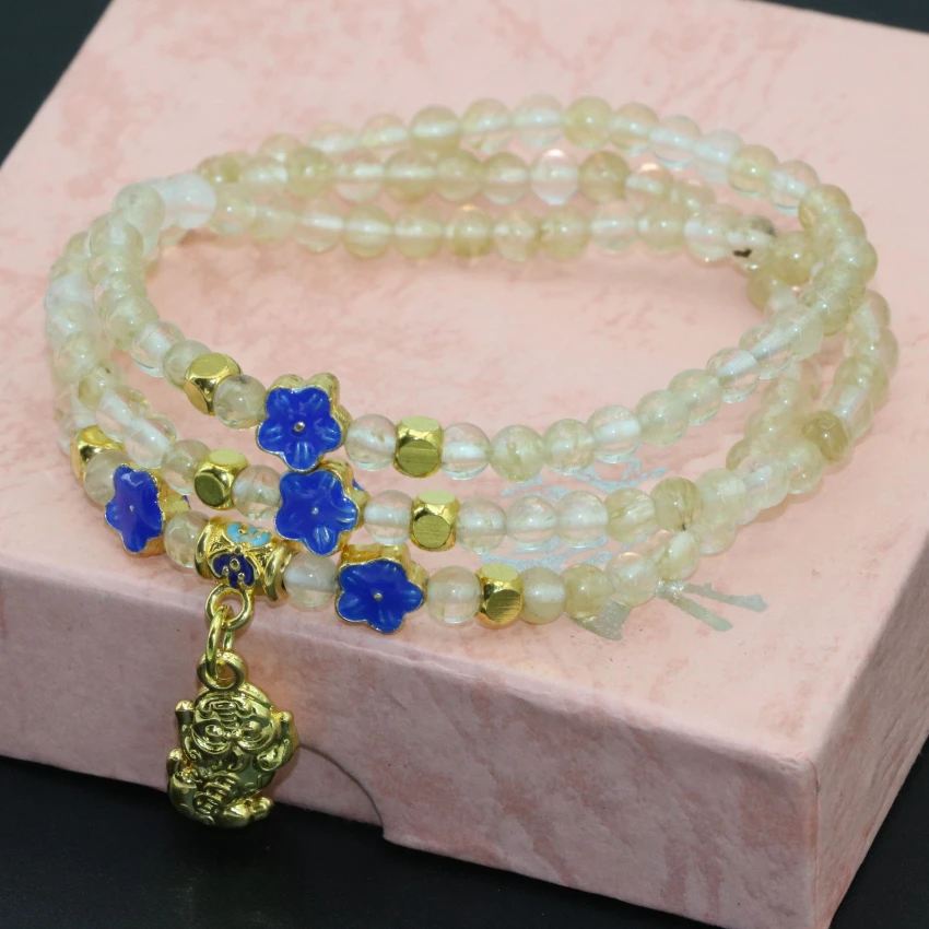 

Yellow watermelon quartz 4mm round beads long chain multilayer bracelets women hot sale cloisonne 3rows jewelry 7.5inch B2780