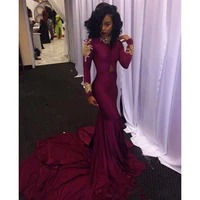 elegant mermaid prom dress burgundy long sleeves gold lace beading african black girls formal evening party gown robe de soiree