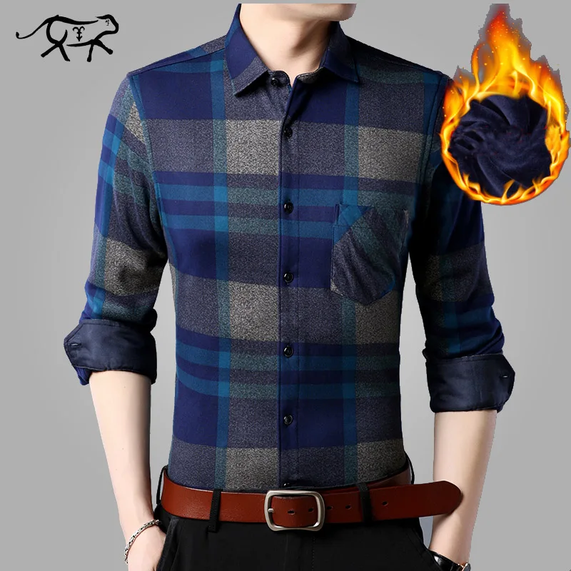 Fashion Men's Shirts Winter Thick Warm Check Male Social Men Business Casual Fleece Print Autumn Shirt Brand Clothing 4XL | Мужская