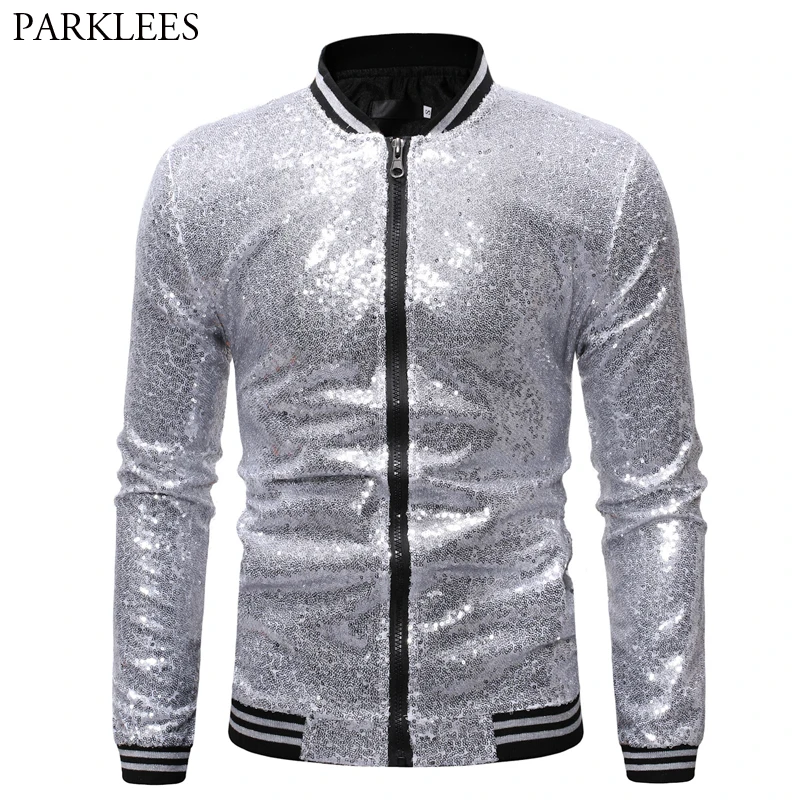 Блестящая Серебристая блестящая мужская куртка бомбер в стиле хип хоп мужские