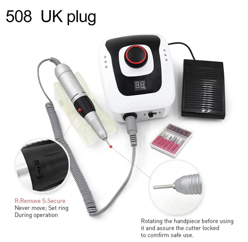 508 UK Plug LKE, 35000-20000 ОБ/мин, электрические сверла для ногтей, набор, маникюрная машина, мельница для педикюра, аксессуары, крепкий аппарат, ручка для маникюра - Цвет: 508 UK Plug