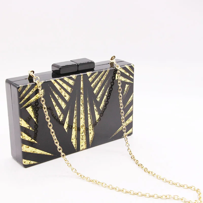 Женский вечерний клатч с кристаллами черный/золотой блестящий цепочкой