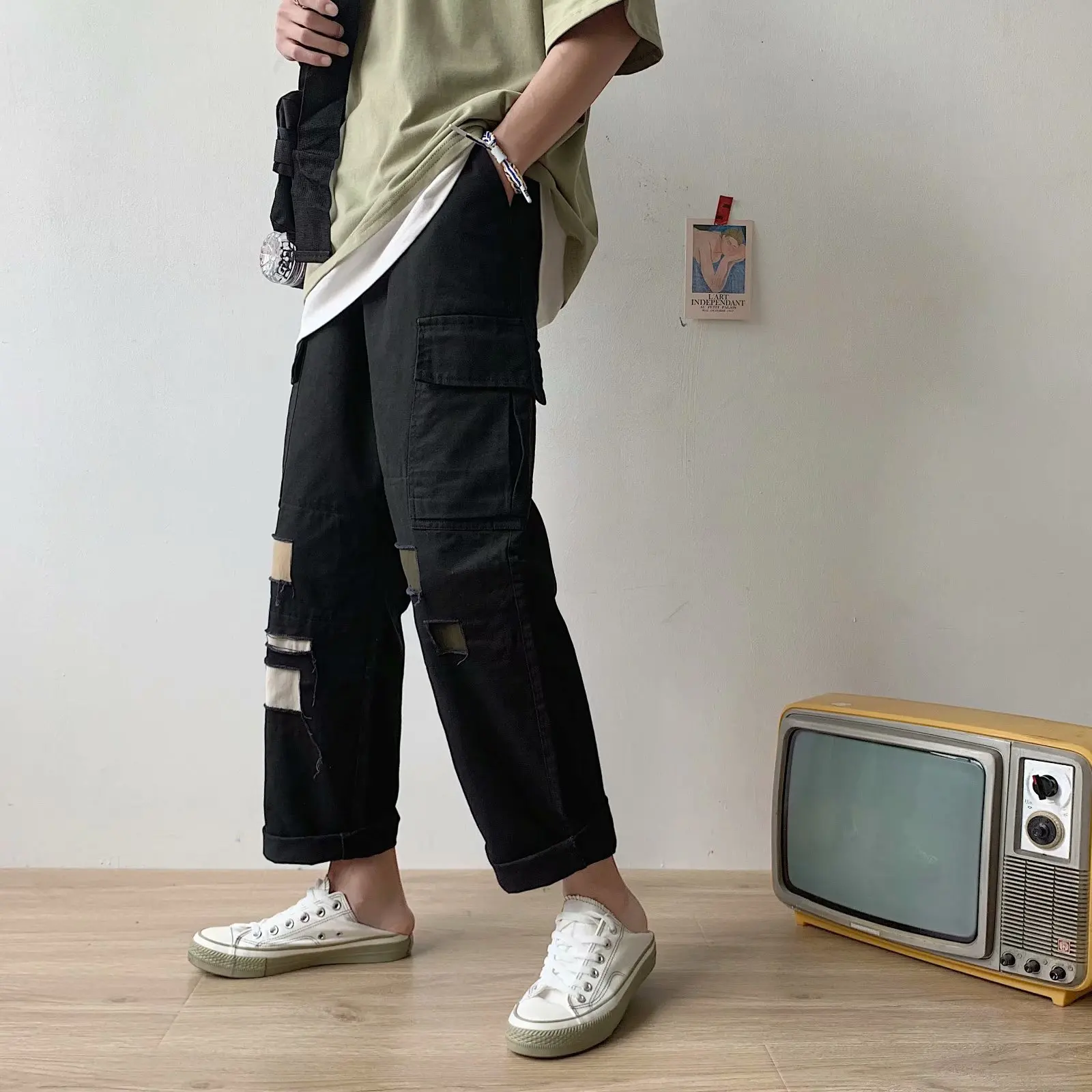 

Mens Cargo Pants Patchwork Joggers Pants Man Trousers Fashion Casual Streetwear