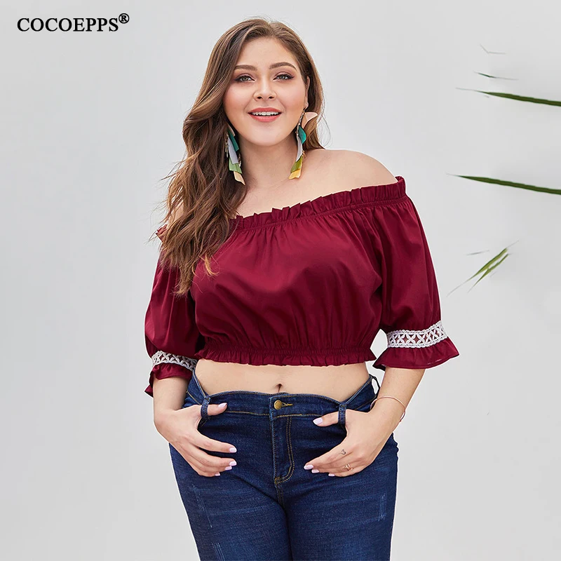 Кроп-Топ женский винно-красный с открытыми плечами батальных размеров 4XL |