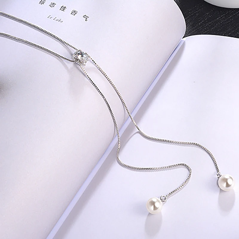 2019 Newest Minimalist Pearl Pendant Tassel Necklaces Pure 925 Silver Long Box Chain Adjustable Choker For Women Gifts | Украшения и