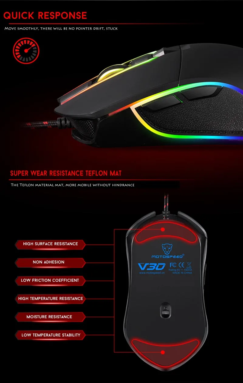 Motospeed V30 мышь геймерская RGB программирующая игровая мышь оптическая мышь с подсветкой дышащий светодиодный USB микрофон для компьютерных игр