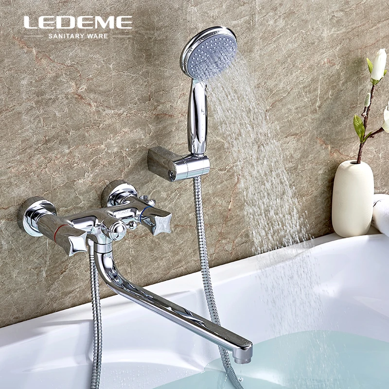 LEDEME Длинный Носик ванная комната смеситель для душа набор латунь двойная ручка