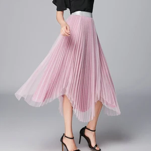 Женская Асимметричная фатиновая юбка, черная Асимметричная плиссированная юбка с поясом на резинке, розовая сетчатая юбка