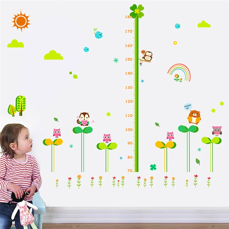 lovely owl squirrel birds flower height measure wall stickers for kids rooms cartoon animals growth chart decals art mural | Дом и сад