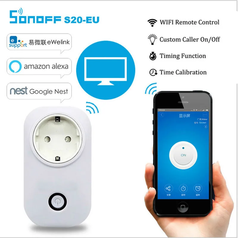Sonoff S20 Wifi выключатель питания с Alexa Google Home беспроводное приложение пульт