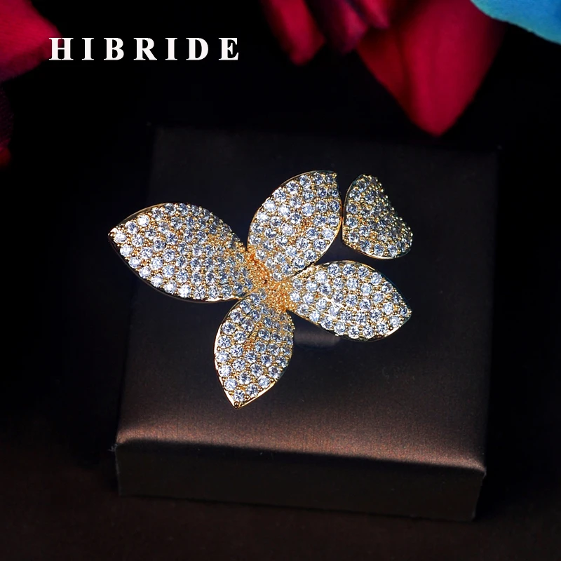 

HIBRIDE Luxury AAA Cubic Zirconia Pave Adjustable Finger Rings For Women Jewelry Gold Ring Anillos Mujer Party Leaf Ring R-220