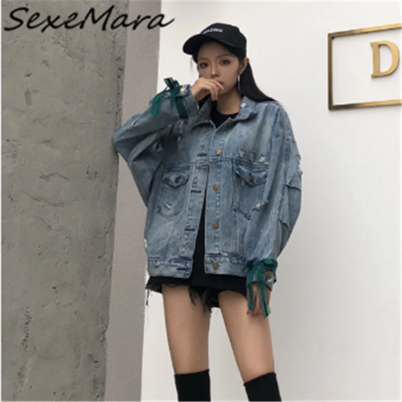 

Loose Regual Fashion Denim Jacket Plus Size 2019 Vintage Blue Spring Bows Floral Denim Jacket Women
