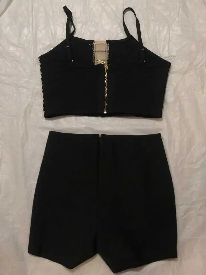 Женский летний комплект 2019 Сексуальная кнопка черный из 2 предметов с широкими