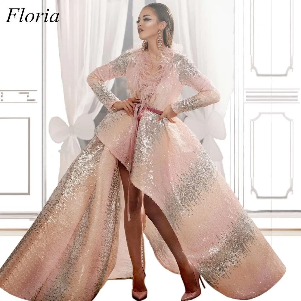 Vestidos da Celebridade Hi-lo com Lantejoulas Decote em v Compridas de Pena Vestidos de Cerimônia Profundo Mangas Formal Tapete Vermelho Fujão Alta Moda 2022