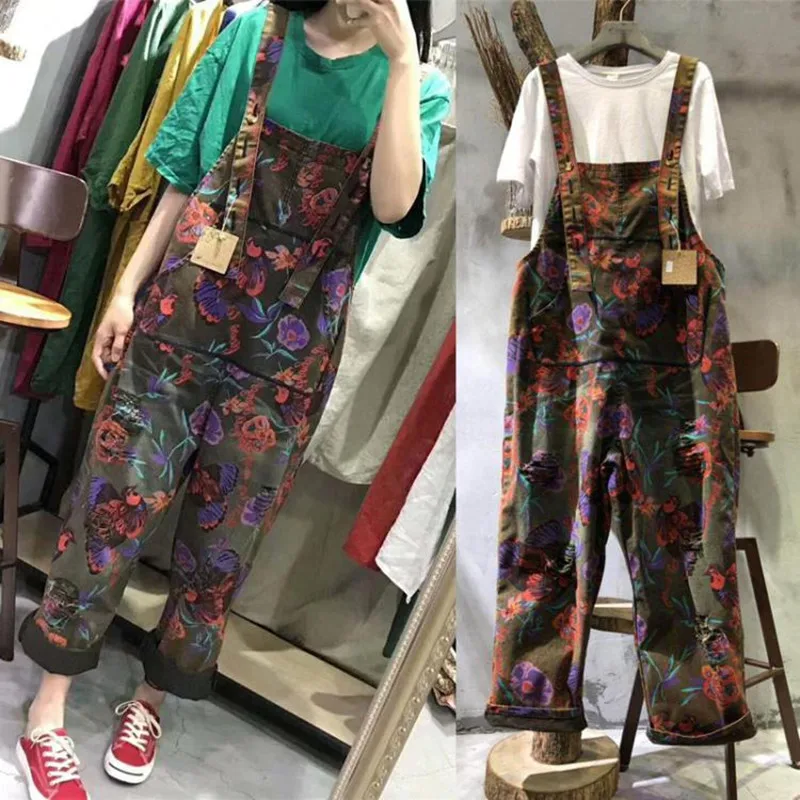 Free Shipping 2019 New Fashion Flower Print Overalls Denim Loose Jumpsuits And Rompers With Pockets Long Pants Spring Jumpsuits