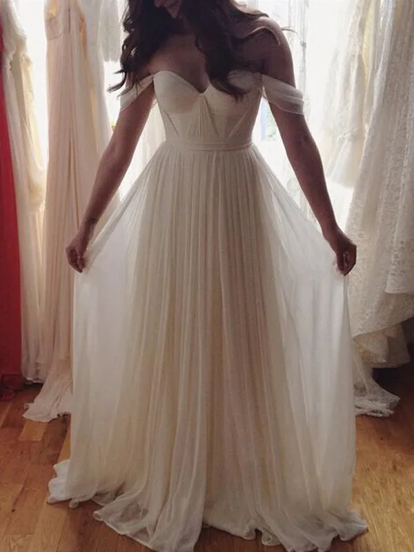 Простые с плеча Свадебные платья с рюшами Белый шифон Дешевые vestidos de festa белое/свадебное платье цвета слоновой кости