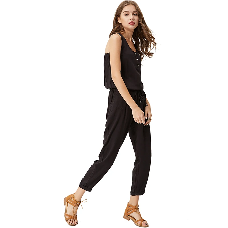 Женский комбинезон на пуговицах черный элегантный без рукавов с открытой спиной