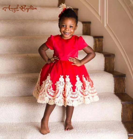 Red ball gown baby girl birthday pageant dresses princess short sleeves keyhole back prom party kids graduation outfit | Детская одежда