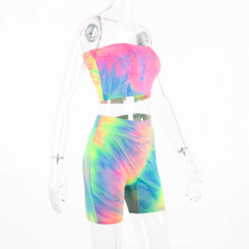 Hugcitar сексуальный топ с принтом tie dye, байкерские шорты, комплект из 2 предметов, летний женский спортивный костюм, укороченные топы, уличная одежда