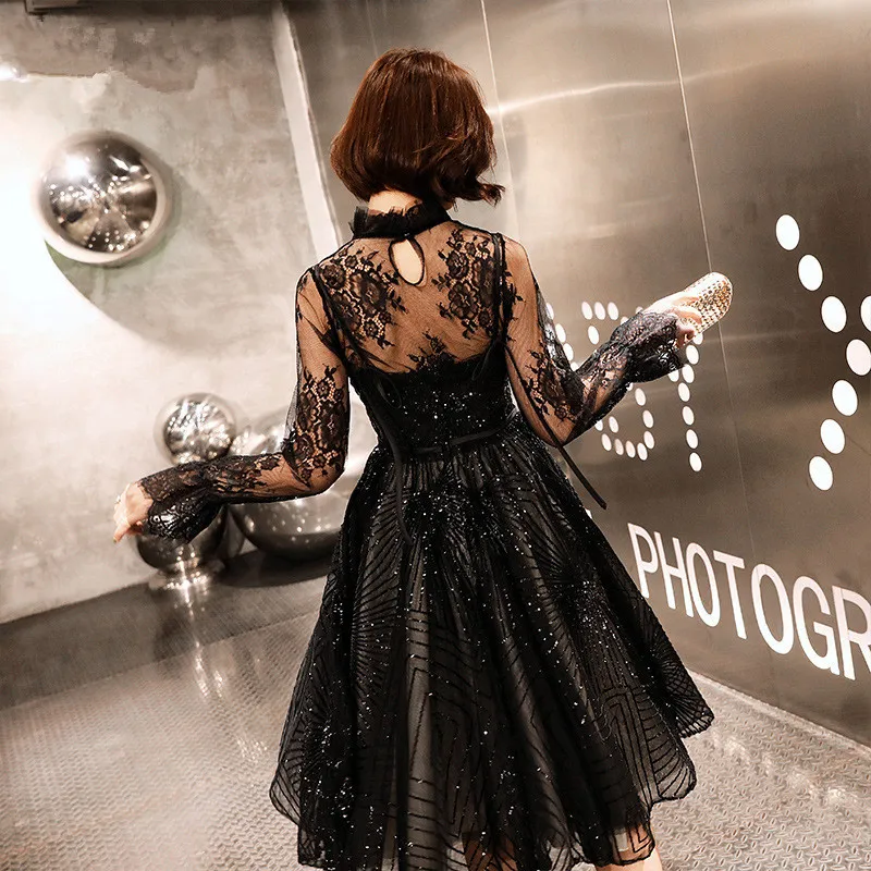 Платье для выпускного вечера черное сексуальное кружевное длинное блестящее