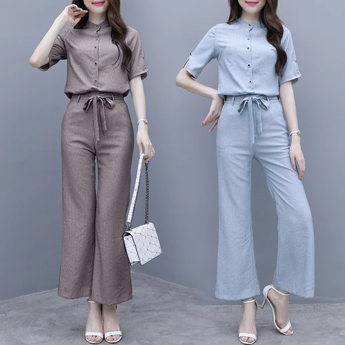 Женский офисный костюм в полоску повседневный серый комплект из топа и брюк