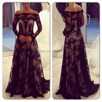 2022 black off shoulder evening dresses illusion lace appliqued long sleeves a line long prom gown evening party formal dress