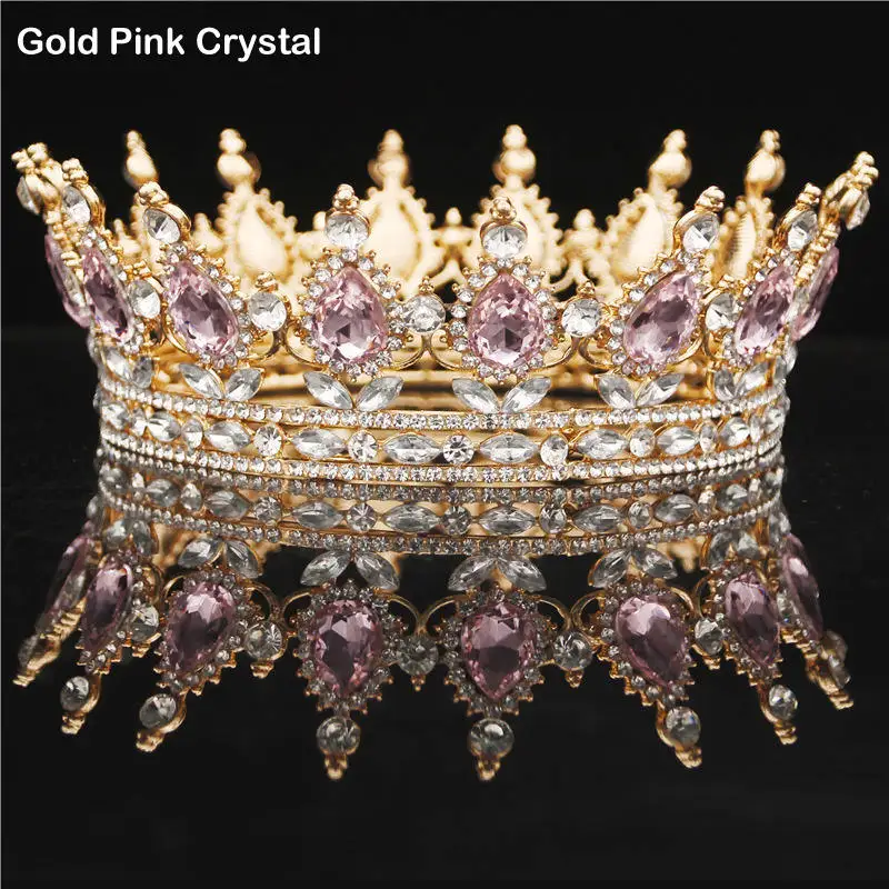 Gold Pink Круглая Корона невесты диадема женский головной убор королевская Королева Король диадемы и короны выпускного вечера Пышные свадебные украшения для волос аксессуары - Окраска металла: Gold Pink