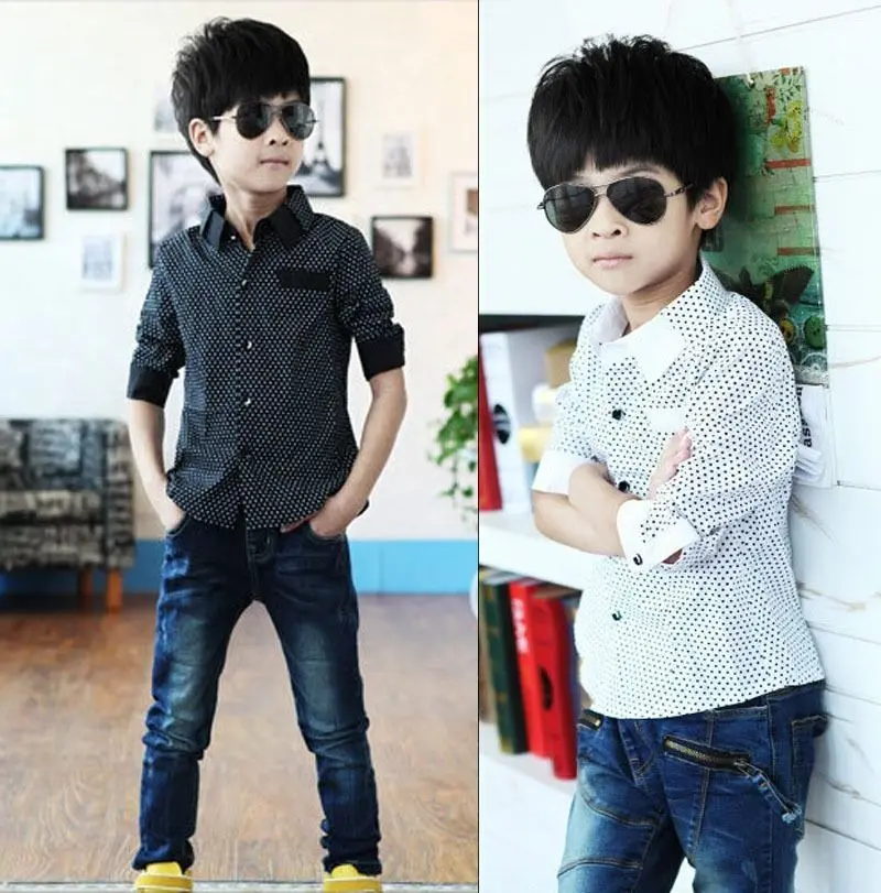 Модная детская деловая рубашка для мальчиков простая Праздничная в горошек с