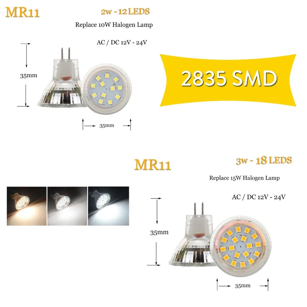 Mr11 Светодиодный светильник 2 Вт 3 AC DC 12 В 24 в 35 мм 2835 Smd GU4 точечный Холодный белый