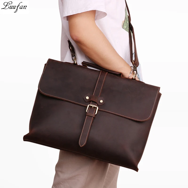 Men Business Briefcase Crazy horse Genuine Leather 15 inch Laptop Handbag Cowhide Shoulder Messenge bag For Male A4 Office Tote
