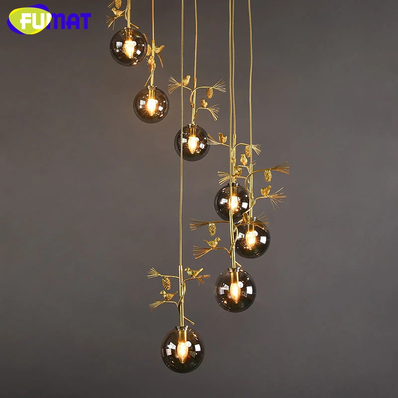 安い FUMAT アーティチョーク鳥ゴールドガラスボール天井ランプシャンデリアスパイラル階段ヴィラ G4 LED モダンなスタイルペントハウス層ライト