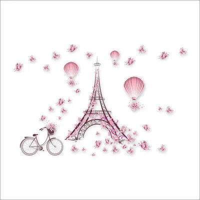 Розовый цветок бабочка велосипед Эйфелева башня настенные наклейки