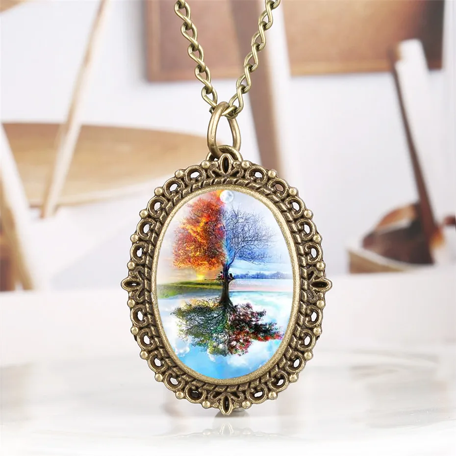 

Elegant Mini Size Oval Quartz Pocket Watch Necklace Colorful Tree Pattern Women Watches Ladies Timepieces Pendant New Fashion