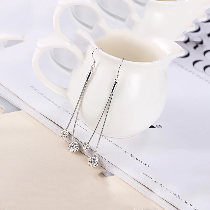 Earrings Fashion Jewelry Long Silver plated Drop Shambhala Double Full crystal Ball For Women | Украшения и аксессуары