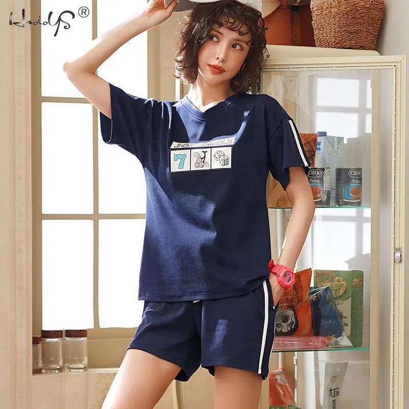 Kawaii/пижамный комплект из двух предметов; женский домашний костюм с короткими рукавами и рисунком+ шорты; пижама из хлопка; летняя домашняя пижама
