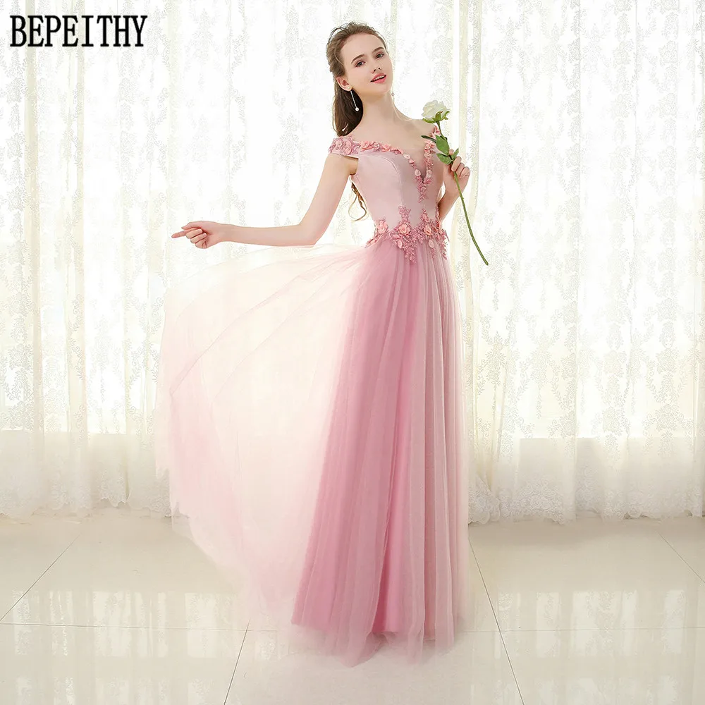 BEPEITHY vestido de festa пыльно-розовое ТРАПЕЦИЕВИДНОЕ фатиновое платье с v-образным вырезом и цветами, аппликация вечернее платье вечерние элегантные Длинное выпускное платье