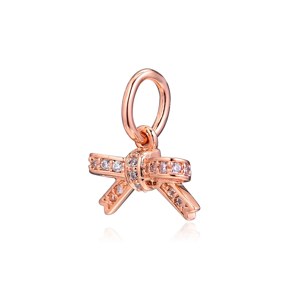 Real 925 Sterling Silver Jewelry Rose Gold Sparkling Bow Charm Fits Pandora Bracelets Women Beads for Making Wholesale | Украшения и