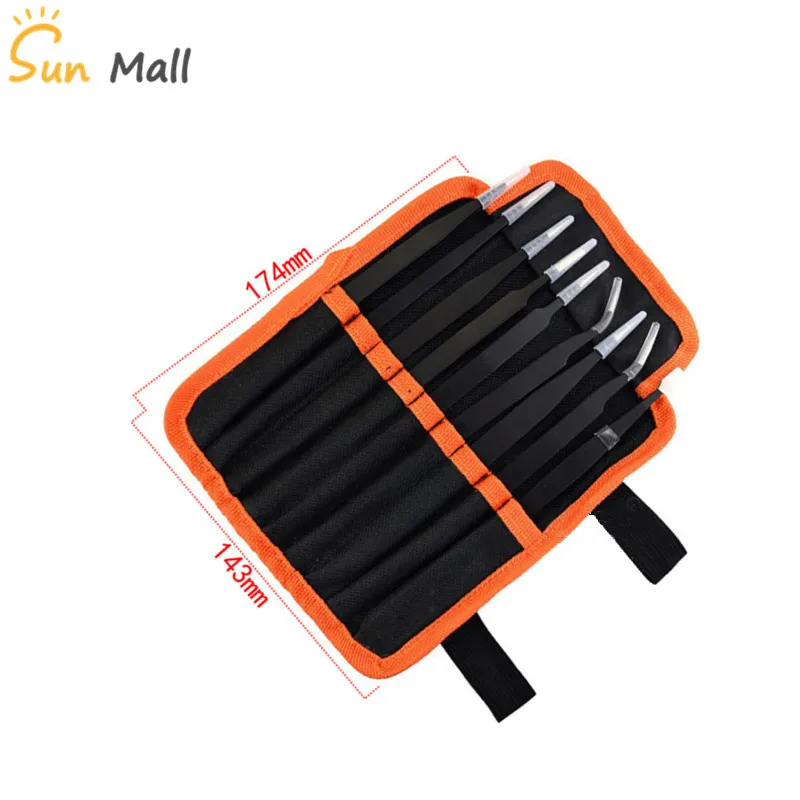 Anti-static tweezers Black straight round head elbow flat pointed ESD set | Инструменты