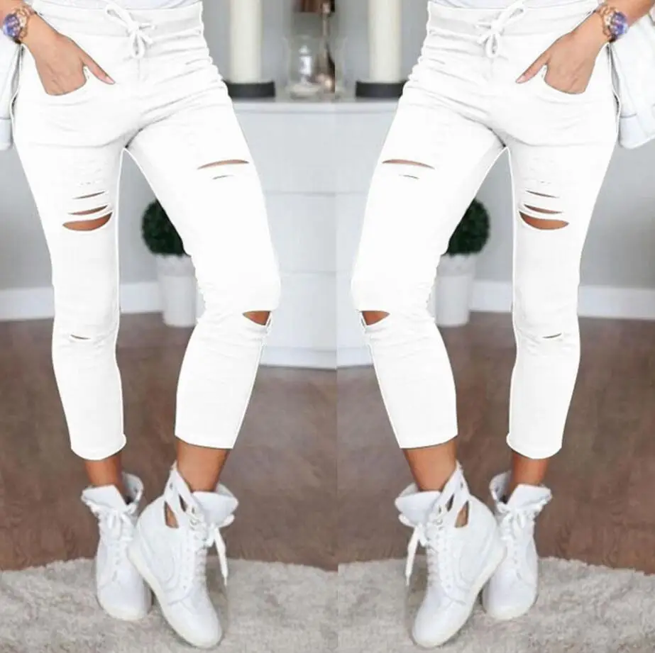 Новинка 2019 обтягивающие джинсы женские джинсовые брюки с дырками на коленях