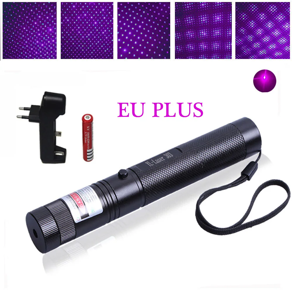 Purple laser EU Зеленая лазерная указка мощная красная лазерная синяя указка смотровое устройство Регулируемый фокус Lazer 303, выберите зарядное устройство и 18650 аккумулятор - Цвет: Purple laser EU
