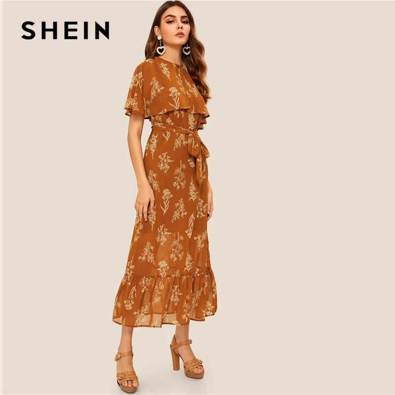 SHEIN модное летнее платье с цветочным принтом и оборками на пуговицах, коричневые женские платья с высокой талией и оборками