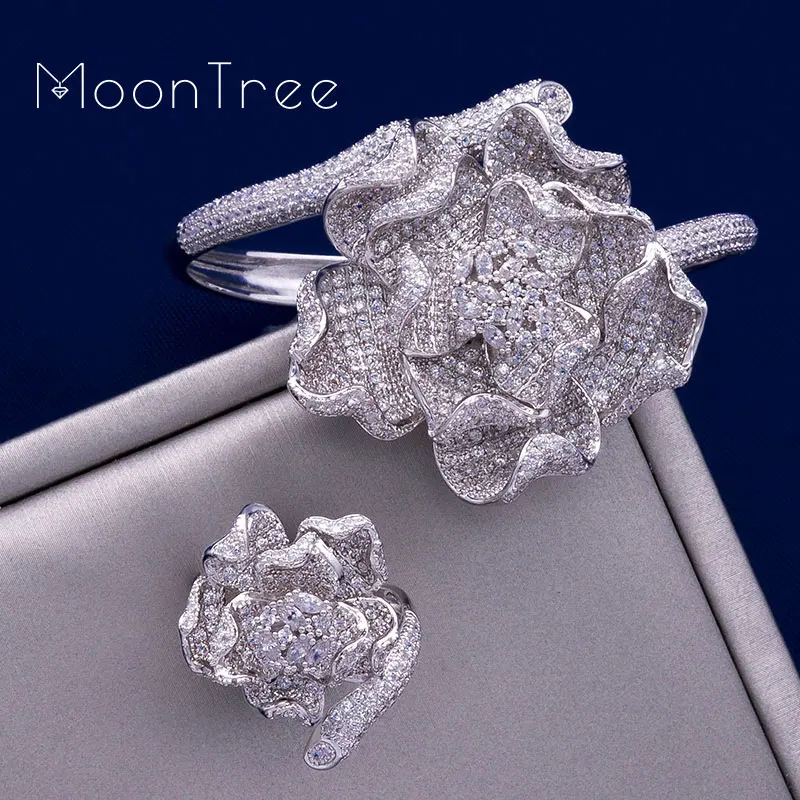 Silver Color MoonTree, модный роскошный цветок, роскошные стразы, наборы свадебных ювелирных изделий, три цвета, слой, медная оплетка, форма кольца, браслет, набор - Окраска металла: Silver Color