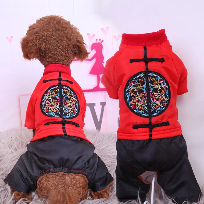 Warm Dog Clothes Winter New Year Pet Clothing Tang Suit Boy Jumpsuit Girl Dress Poodle Bichon Apparel | Дом и сад