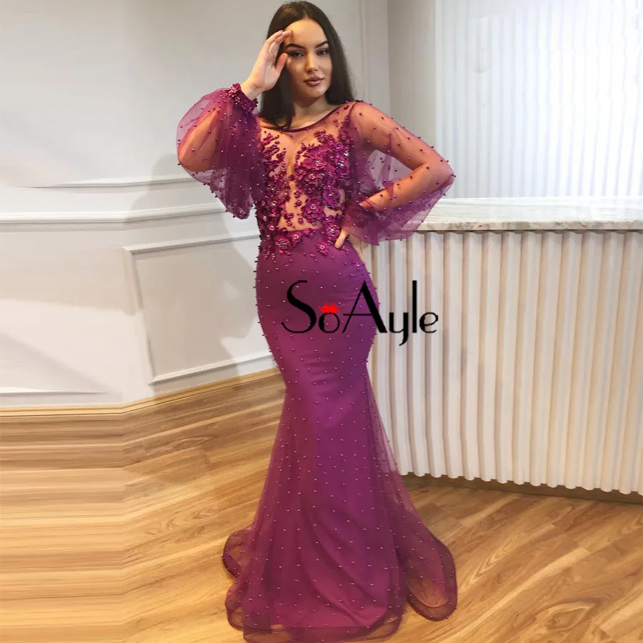 

SoAyle Illusion Prom Dresses 2018 Luxury Pearls Beaded Prom Dress Flowers Purple Evening dresses Long Sleeves vestido longo