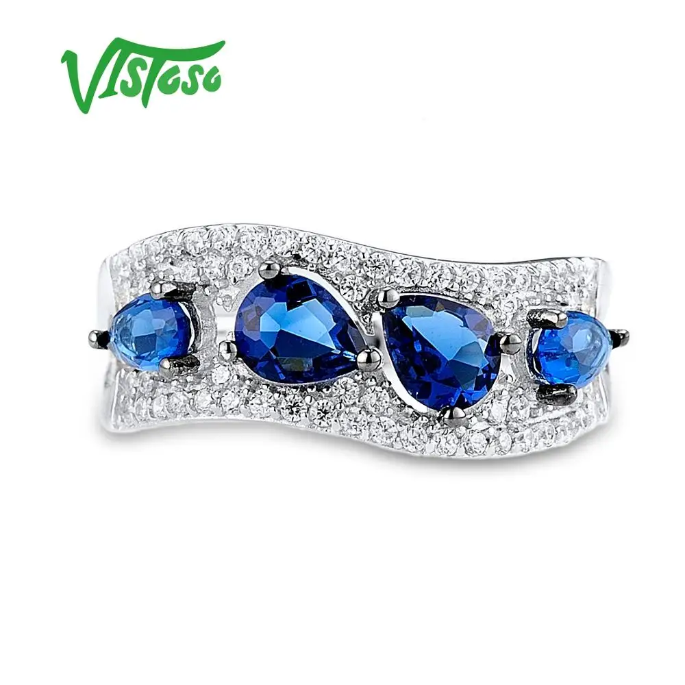 VISTOSO серебряное кольцо для женщин 925 пробы серебряные кольца с синим кристаллом